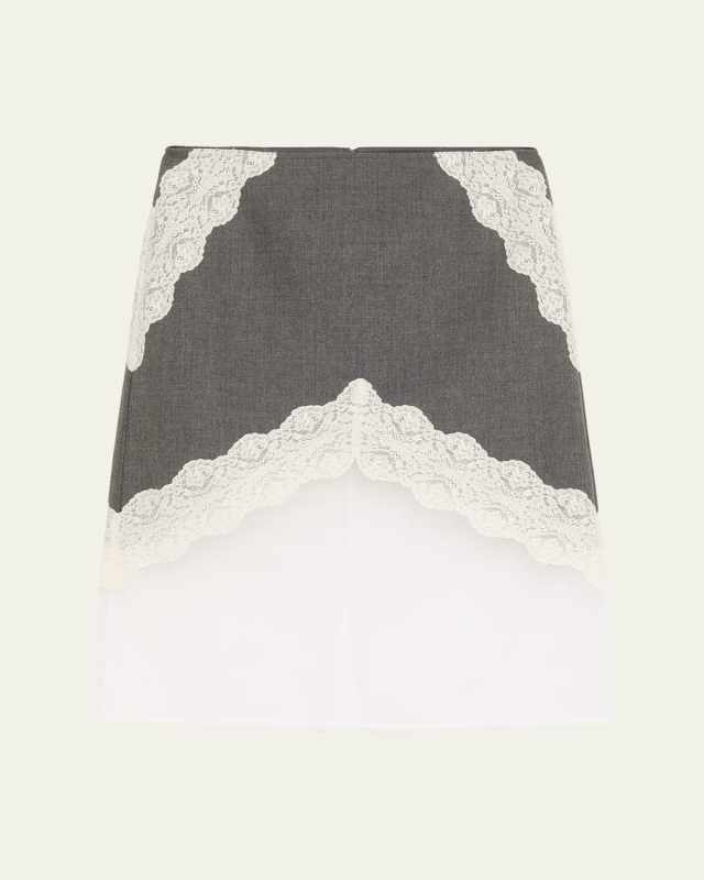 Lace-Trim Wool And Organza Midi Skirt